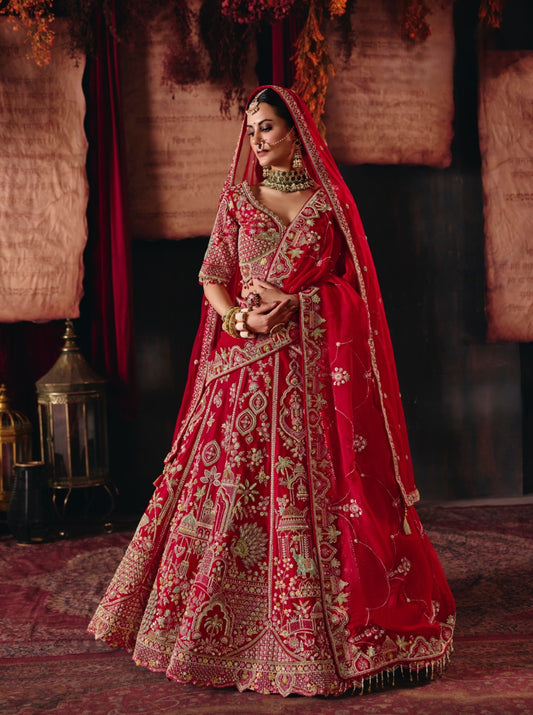 Red  Silk  Cut dana, Zardozi & Beads Heavy Embroidered Bridal Lehenga