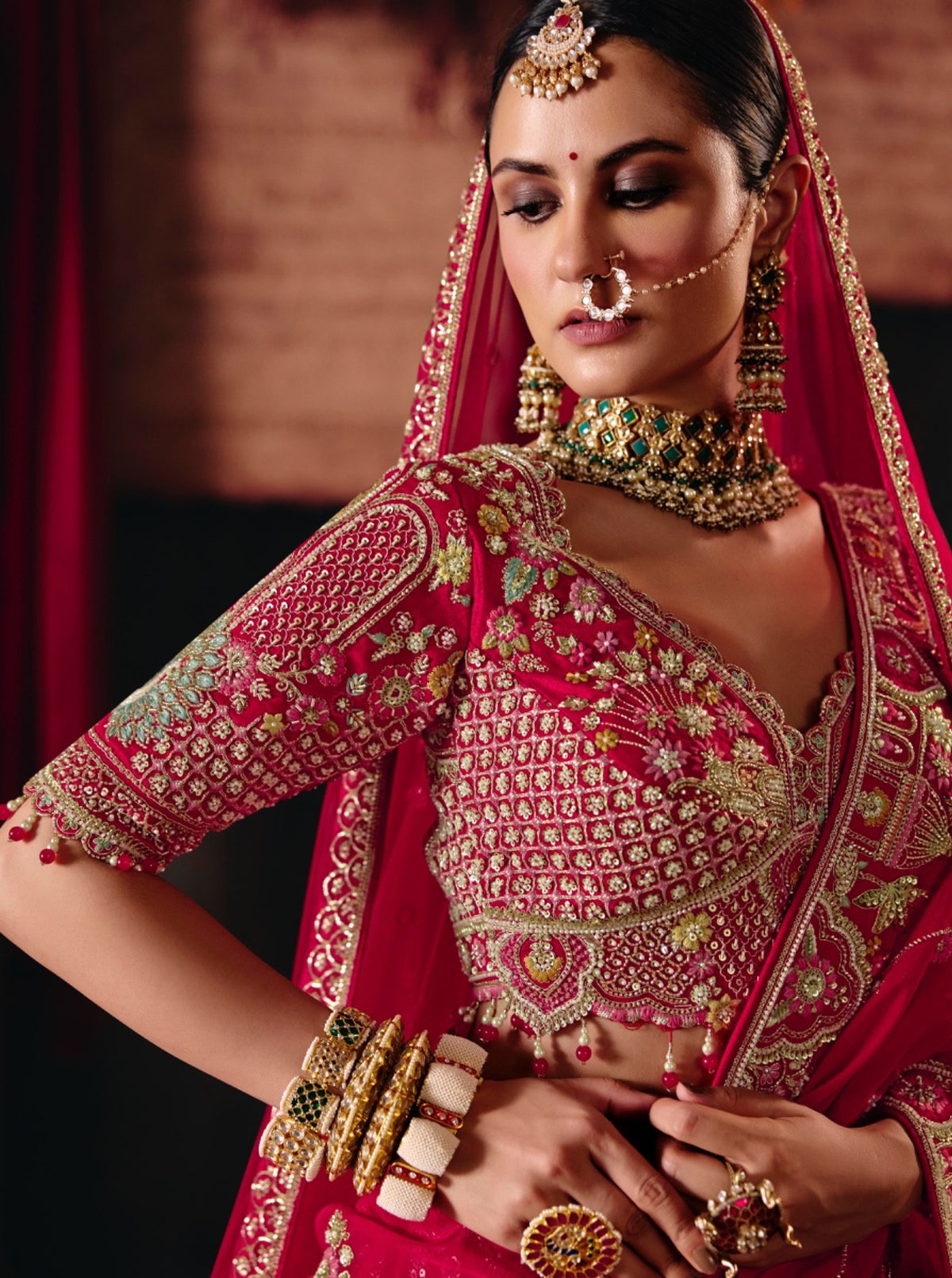 Red  Silk  Cut dana, Zardozi & Beads Heavy Embroidered Bridal Lehenga