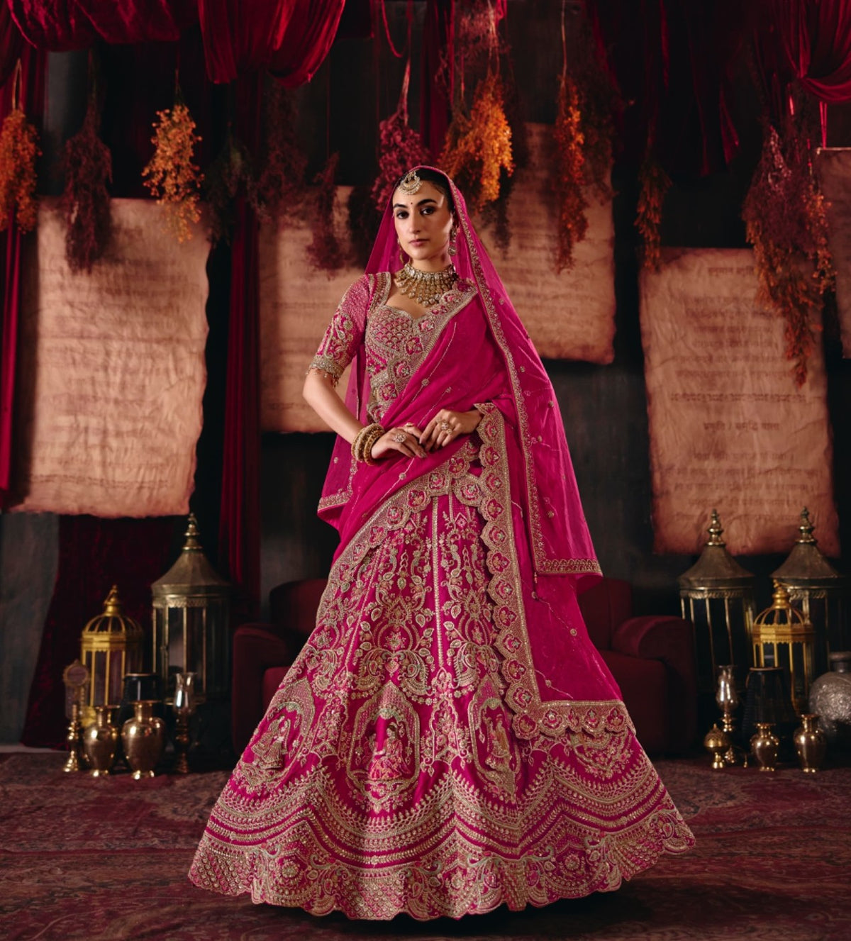 Pink Silk Heavy Cut dana, Zardozi & Beads Embroidered Bridal Lehenga