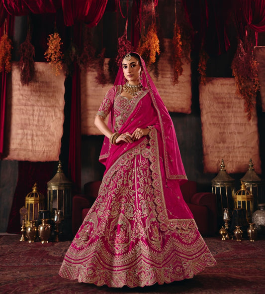 Pink Silk Heavy Cut dana, Zardozi & Beads Embroidered Bridal Lehenga