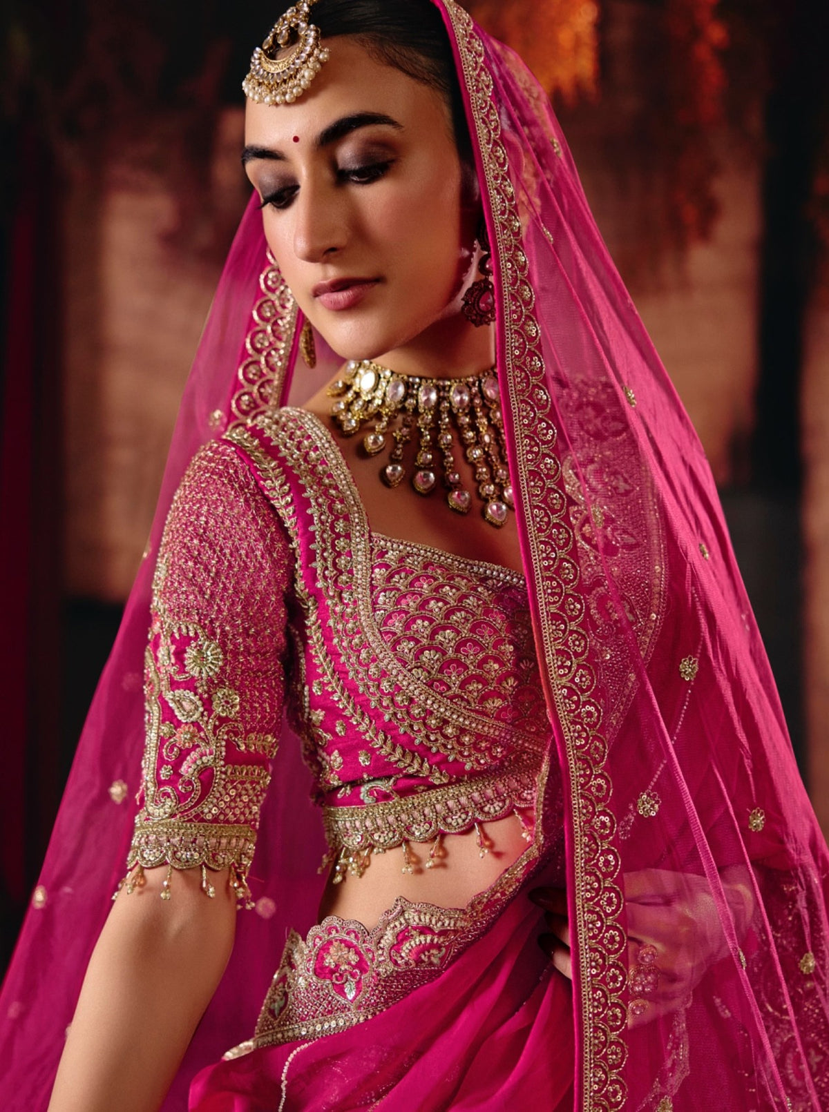 Pink Silk Heavy Cut dana, Zardozi & Beads Embroidered Bridal Lehenga