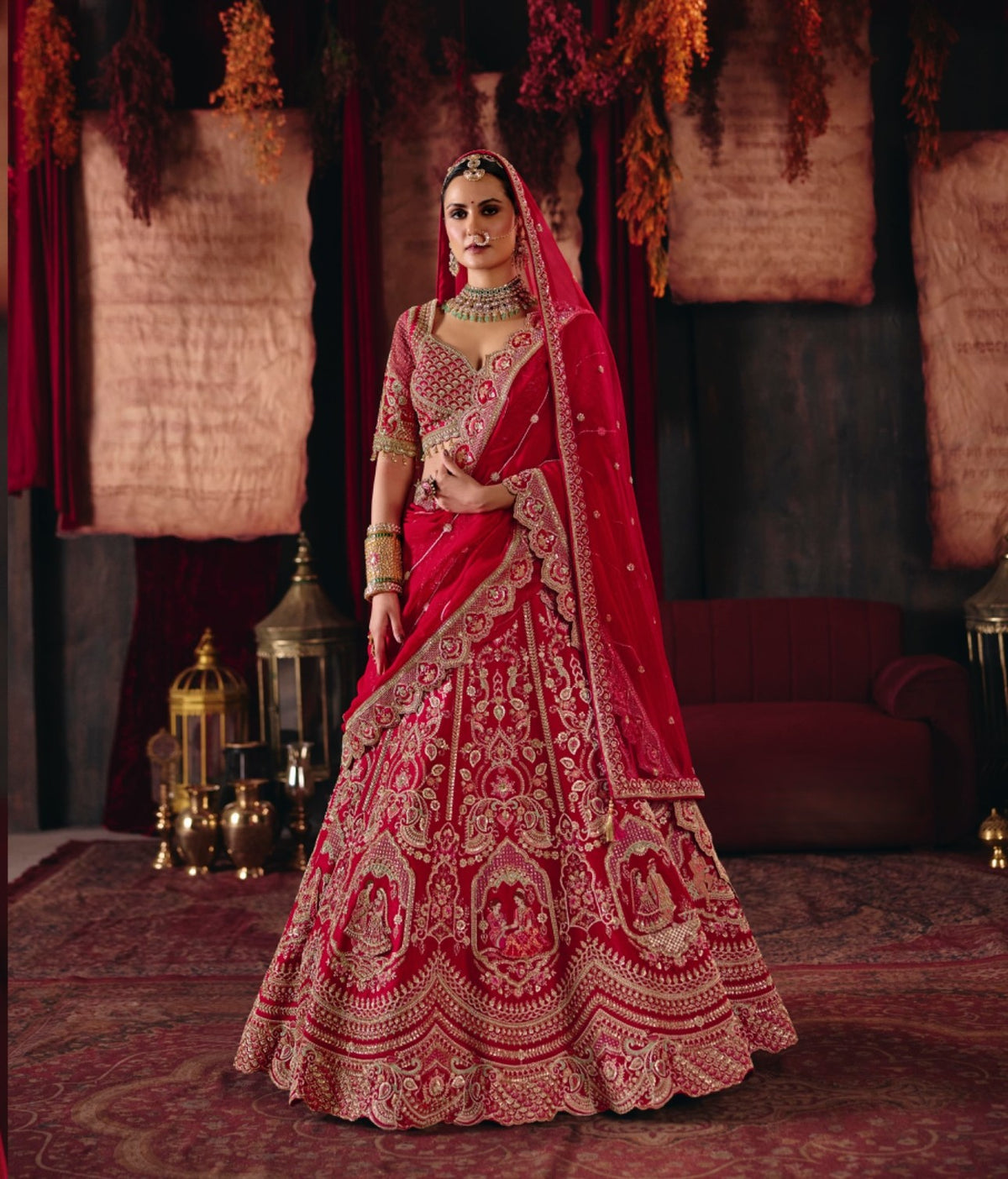 Red Silk Zardozi & Cut Dana Embroidered Bridal Lehenga with Beadwork