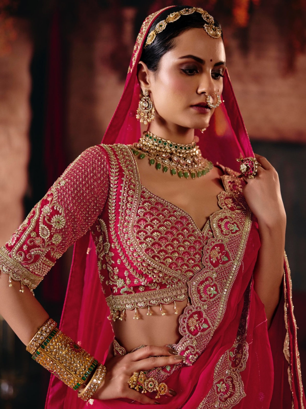 Red Silk Zardozi & Cut Dana Embroidered Bridal Lehenga with Beadwork