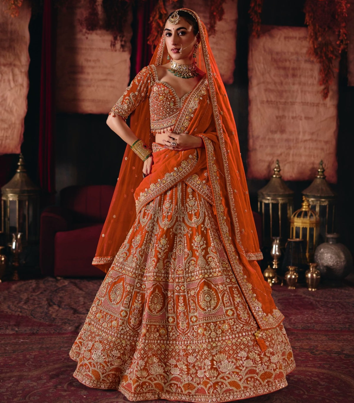 Orange Silk Heavy Cut dana, Zardozi & Beads Embroidered Bridal Lehenga