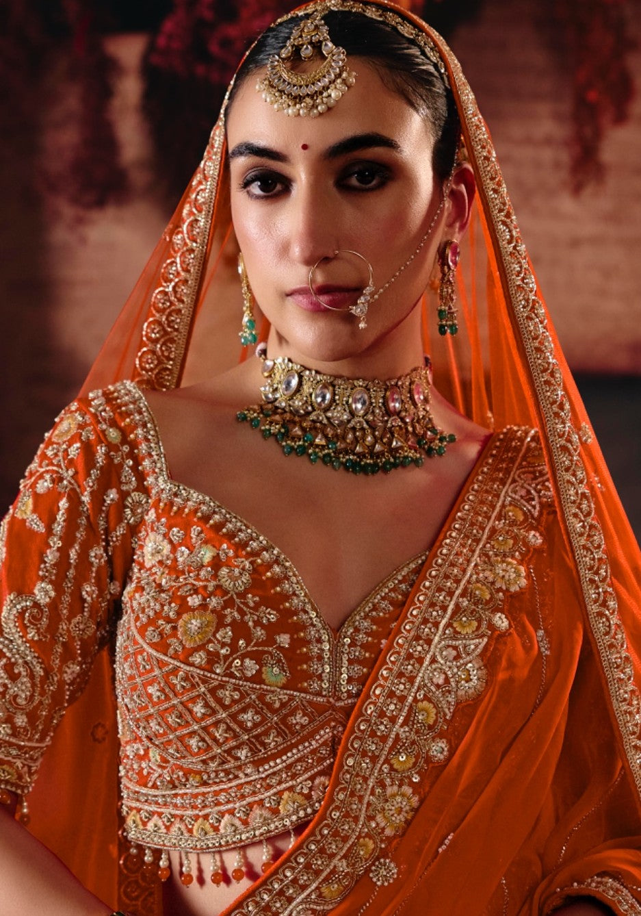 Orange Silk Heavy Cut dana, Zardozi & Beads Embroidered Bridal Lehenga