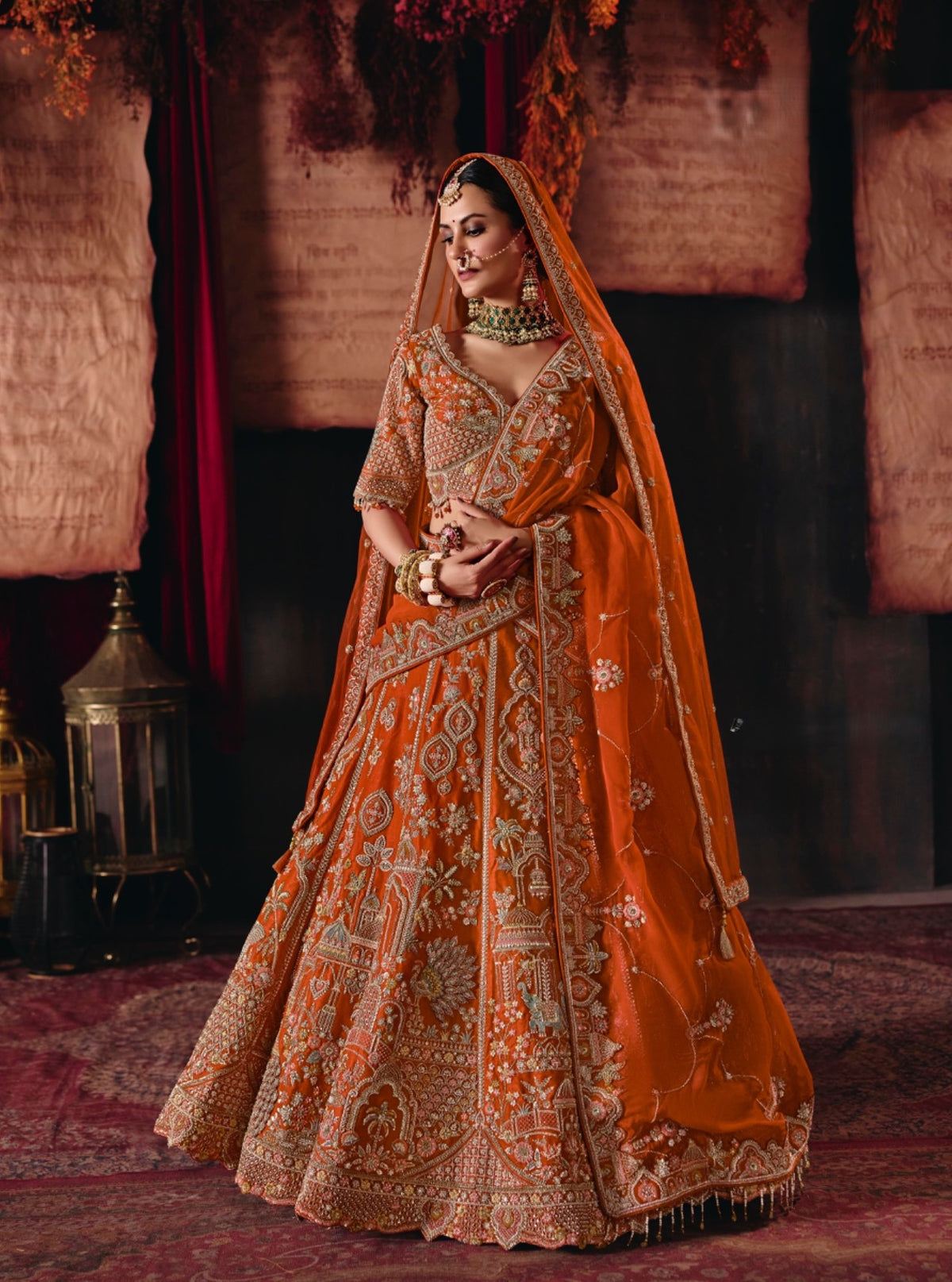 Orange Cut dana, Zardozi & Beads Heavy Embroidered  Silk Bridal Lehenga
