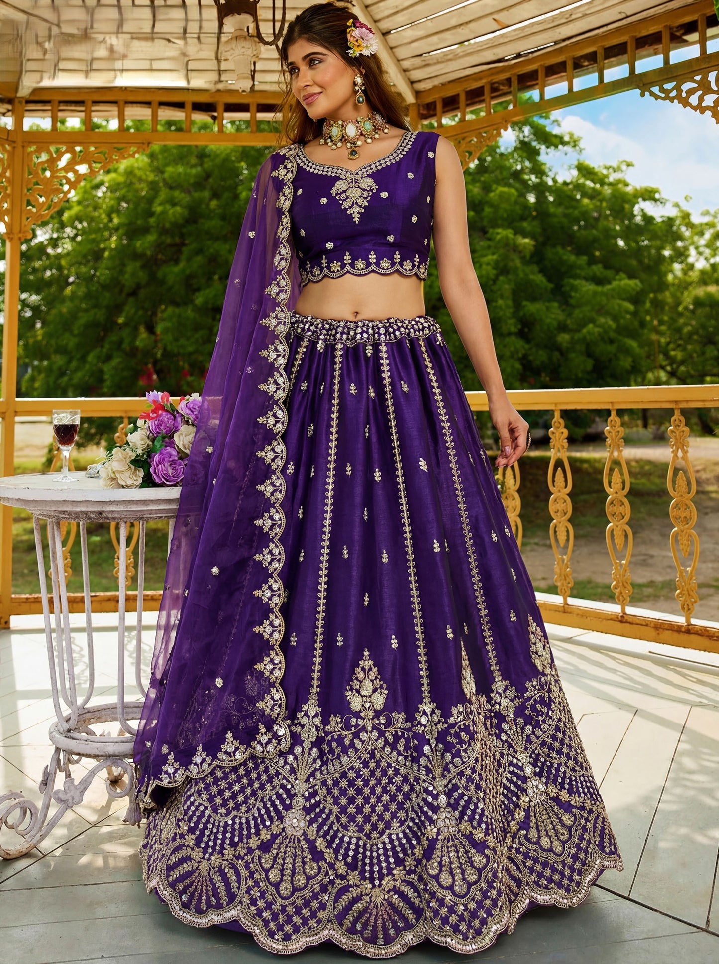Purple Satin Silk With Cut Work & Beads Work Bridesmaid Lehenga Choli