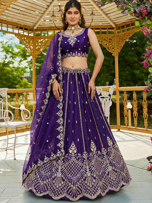 Purple Satin Silk With Cut Work & Beads Work Bridesmaid Lehenga Choli
