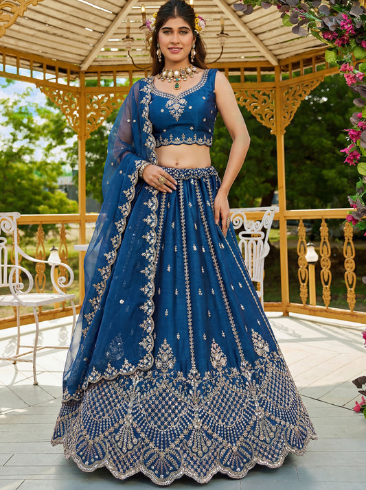 Royal Blue Satin Silk With Cut Work & Beads Work Bridesmaid Lehenga Choli