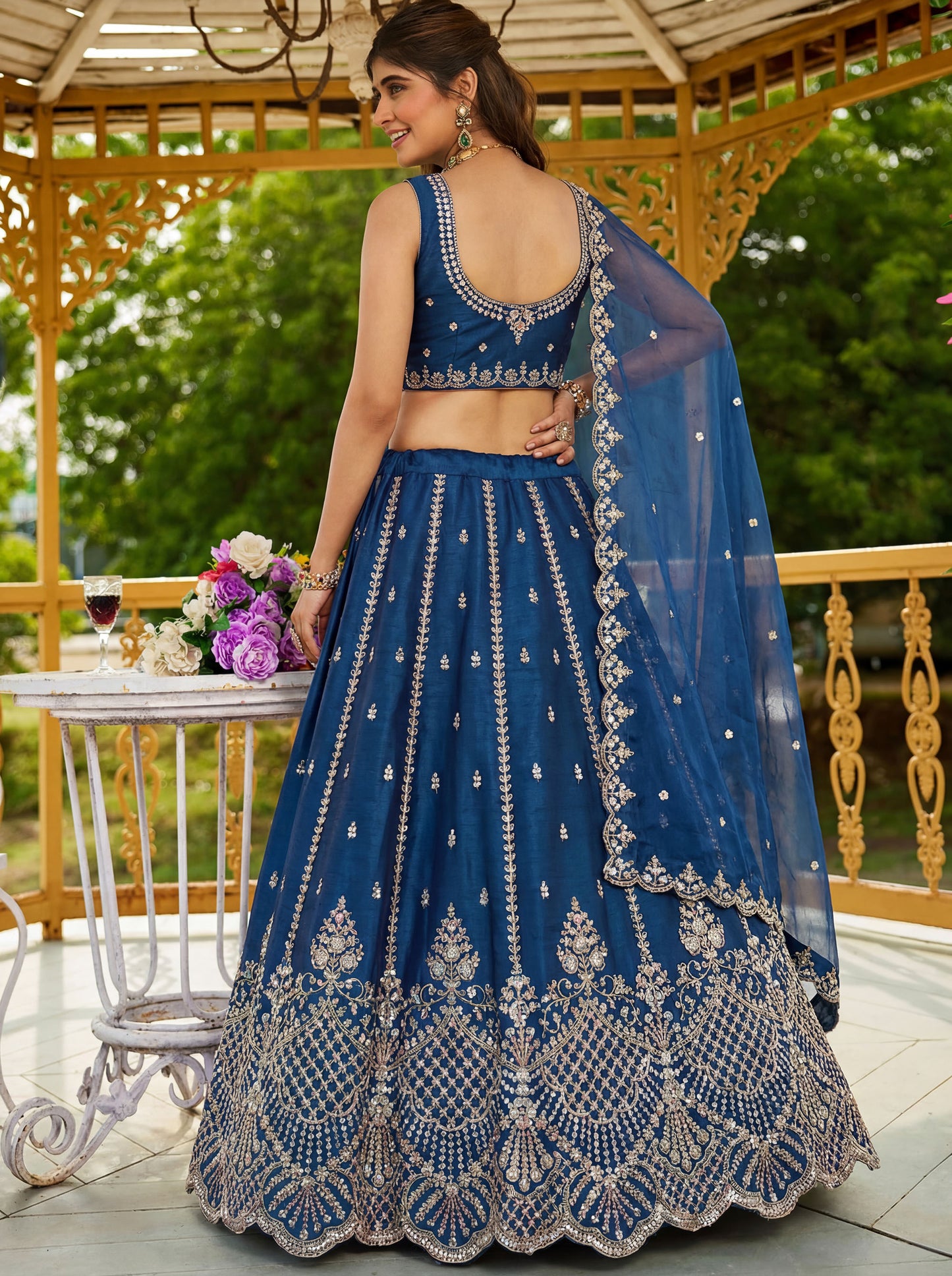 Royal Blue Satin Silk With Cut Work & Beads Work Bridesmaid Lehenga Choli