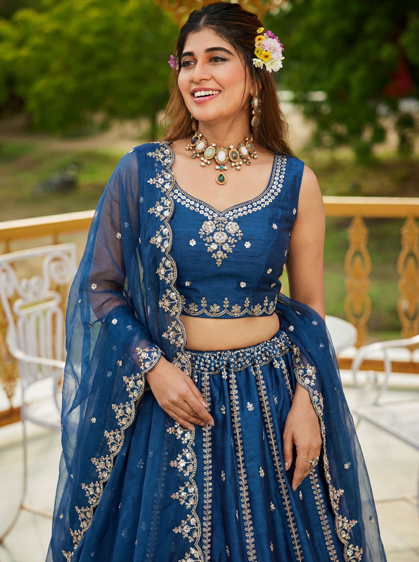 Royal Blue Satin Silk With Cut Work & Beads Work Bridesmaid Lehenga Choli