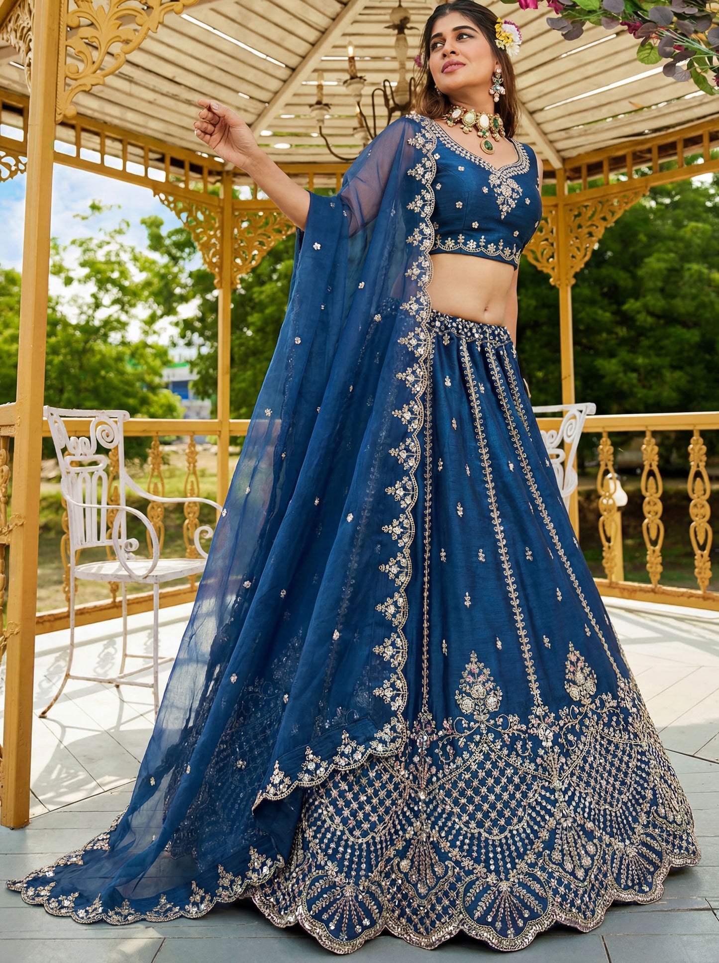 Royal Blue Satin Silk With Cut Work & Beads Work Bridesmaid Lehenga Choli