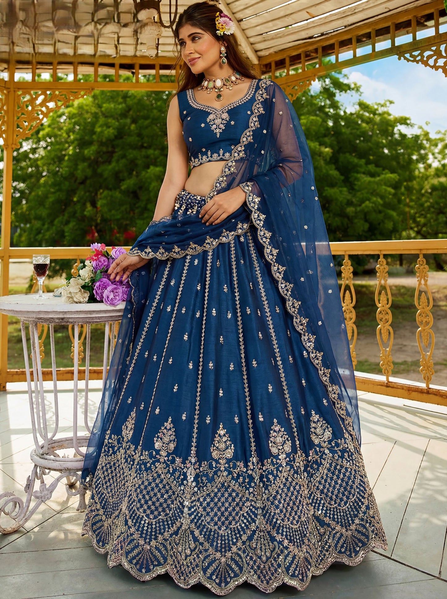 Royal Blue Satin Silk With Cut Work & Beads Work Bridesmaid Lehenga Choli