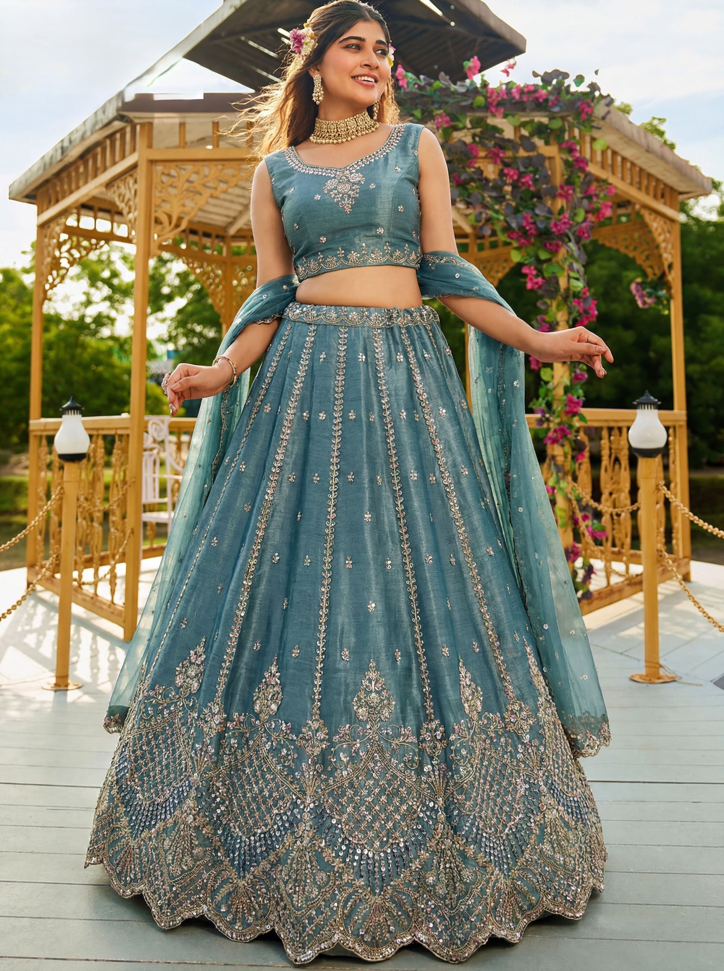 Sea Blue Satin Silk With Cut Work & Beads Work Bridesmaid Lehenga