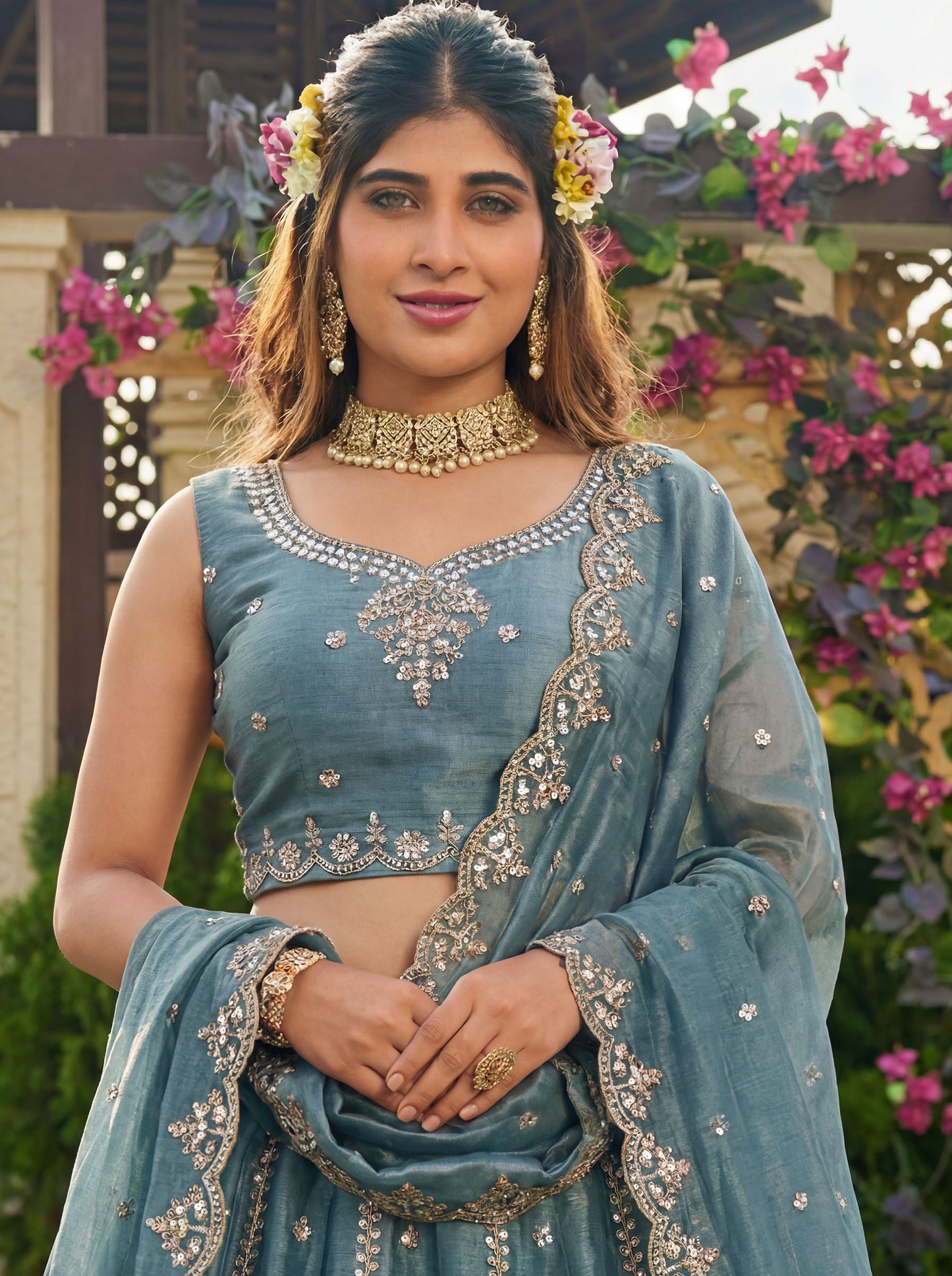 Sea Blue Satin Silk With Cut Work & Beads Work Bridesmaid Lehenga