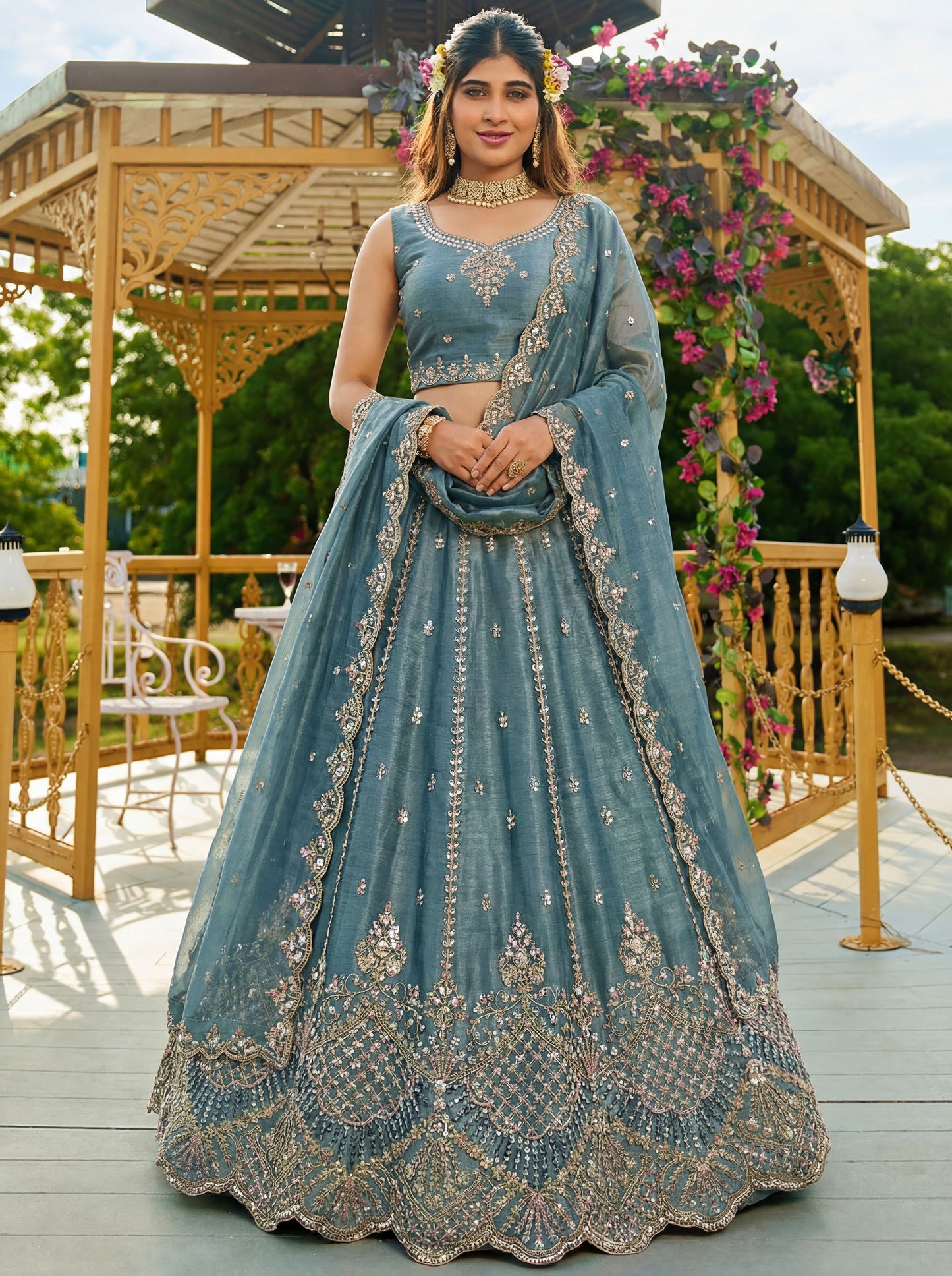 Sea Blue Satin Silk With Cut Work & Beads Work Bridesmaid Lehenga