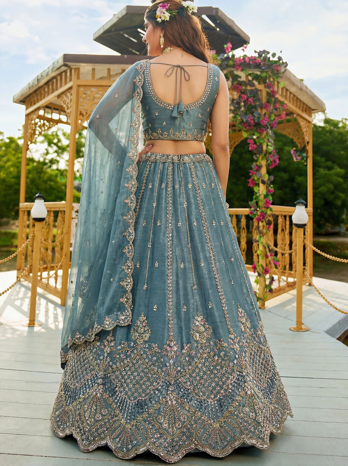 Sea Blue Satin Silk With Cut Work & Beads Work Bridesmaid Lehenga