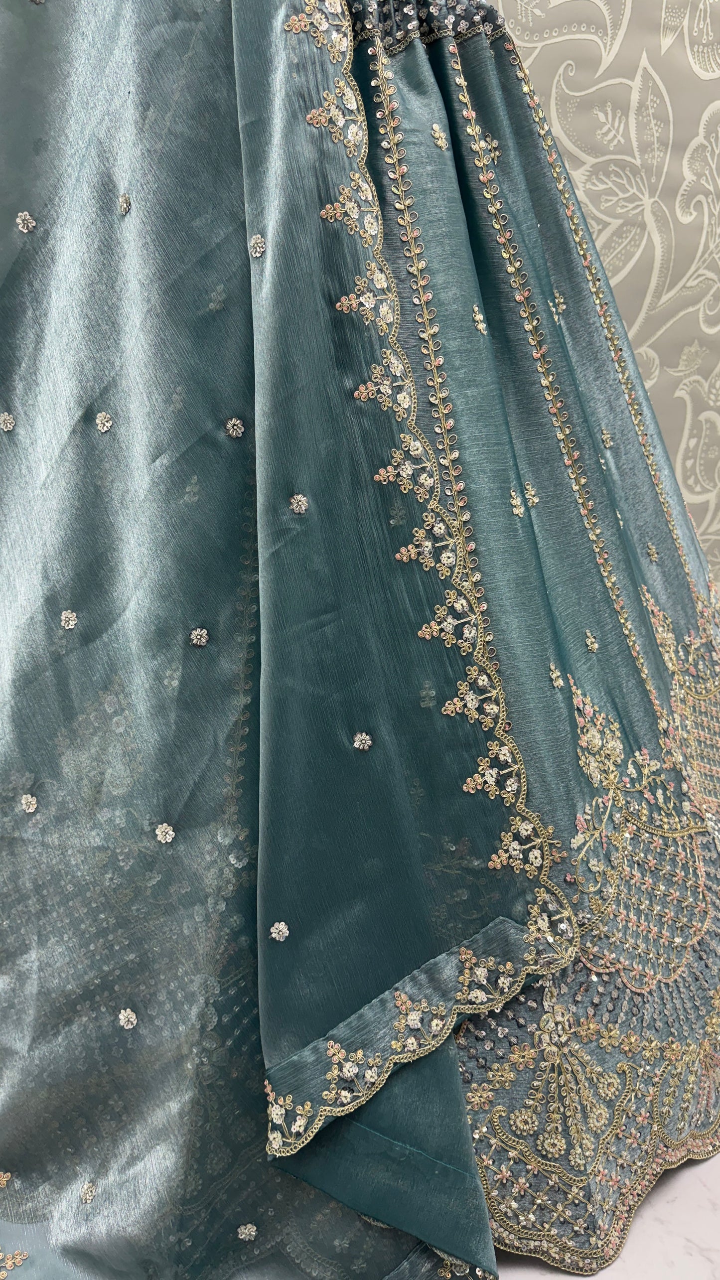 Sea Blue Satin Silk With Cut Work & Beads Work Bridesmaid Lehenga