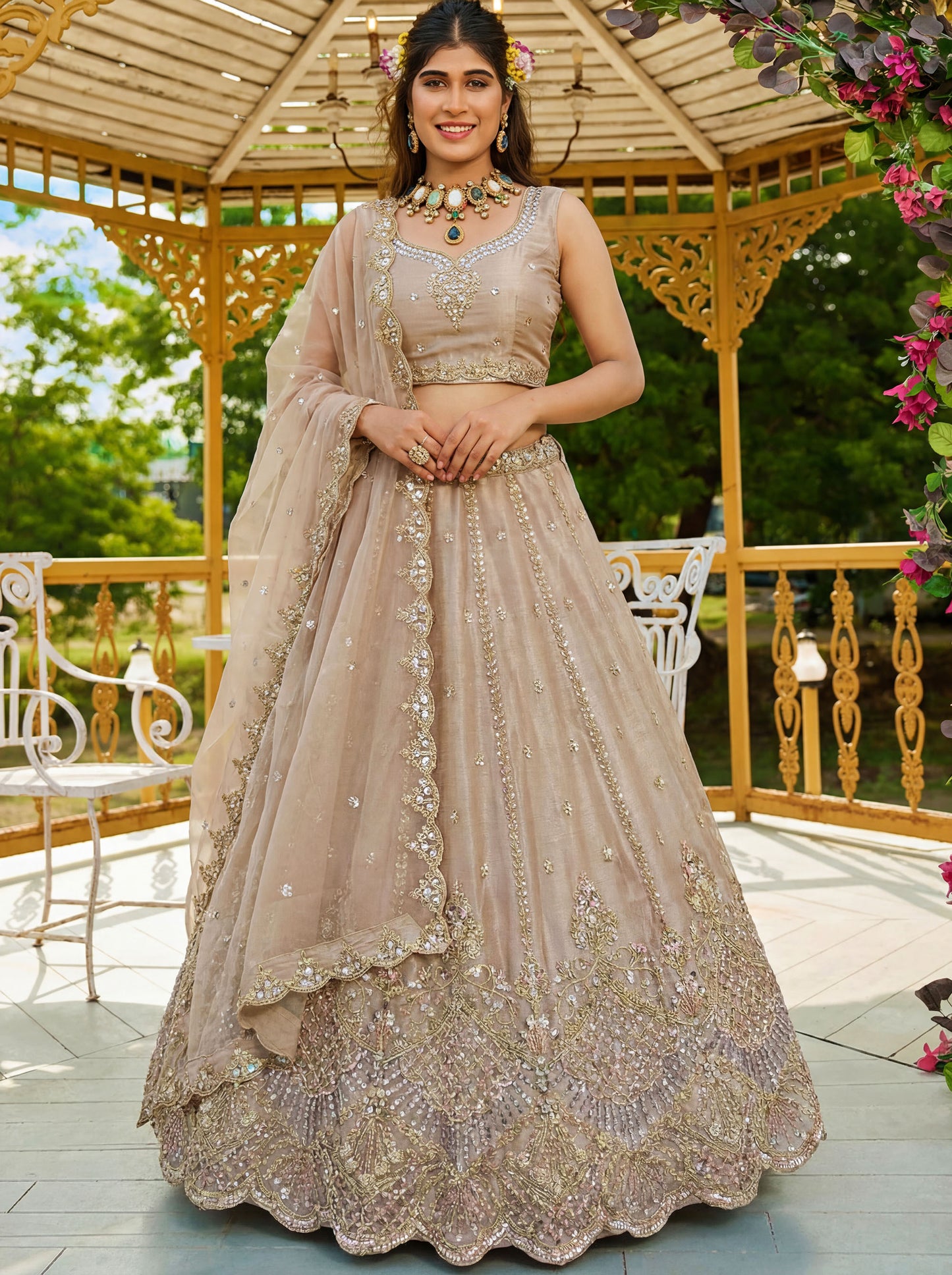 Beige Satin Silk With Cut Work & Beads Work Bridesmaid Lehenga Choli