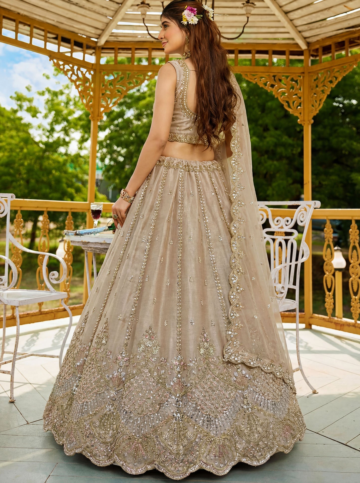 Beige Satin Silk With Cut Work & Beads Work Bridesmaid Lehenga Choli