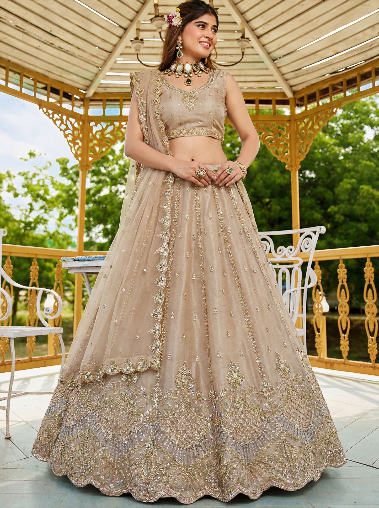Beige Satin Silk With Cut Work & Beads Work Bridesmaid Lehenga Choli