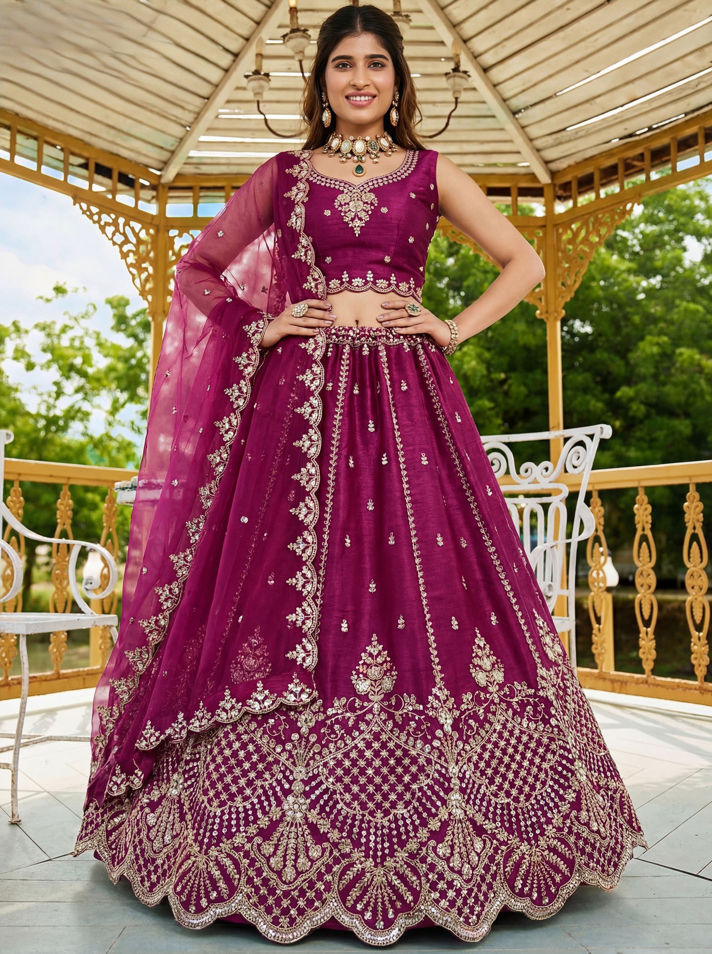Magenta Pink Satin Silk With Cut Work & Beads Work Bridesmaid Lehenga Choli