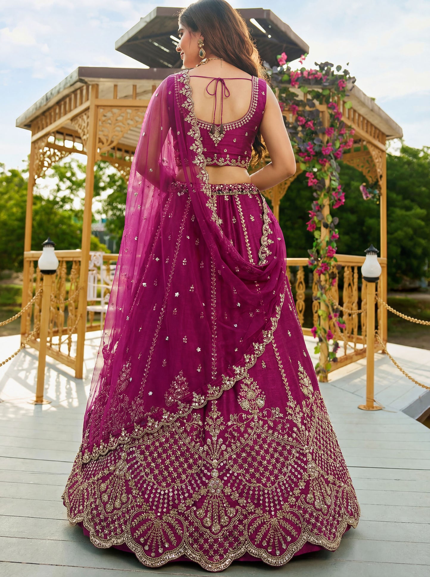 Magenta Pink Satin Silk With Cut Work & Beads Work Bridesmaid Lehenga Choli
