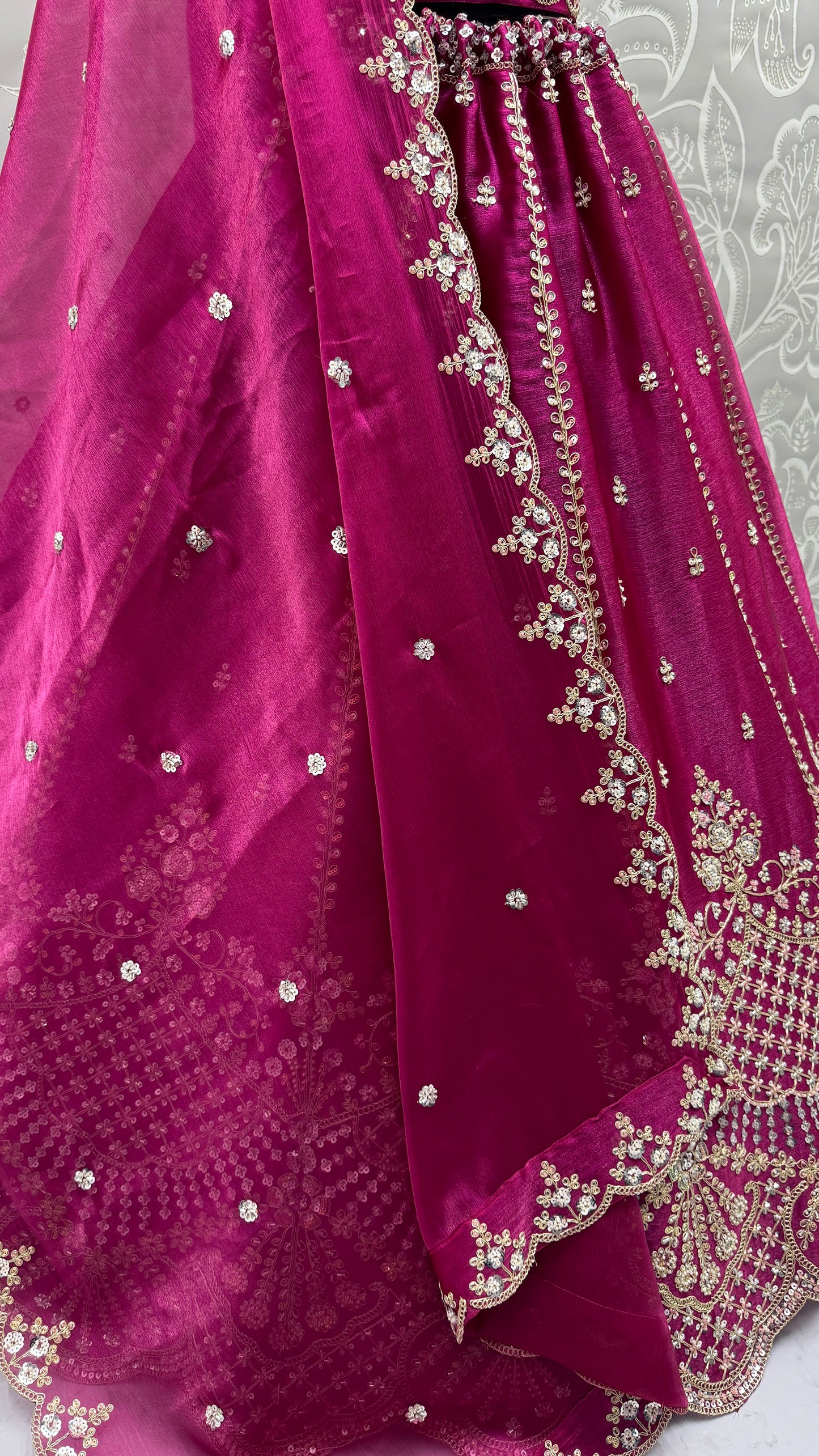 Magenta Pink Satin Silk With Cut Work & Beads Work Bridesmaid Lehenga Choli