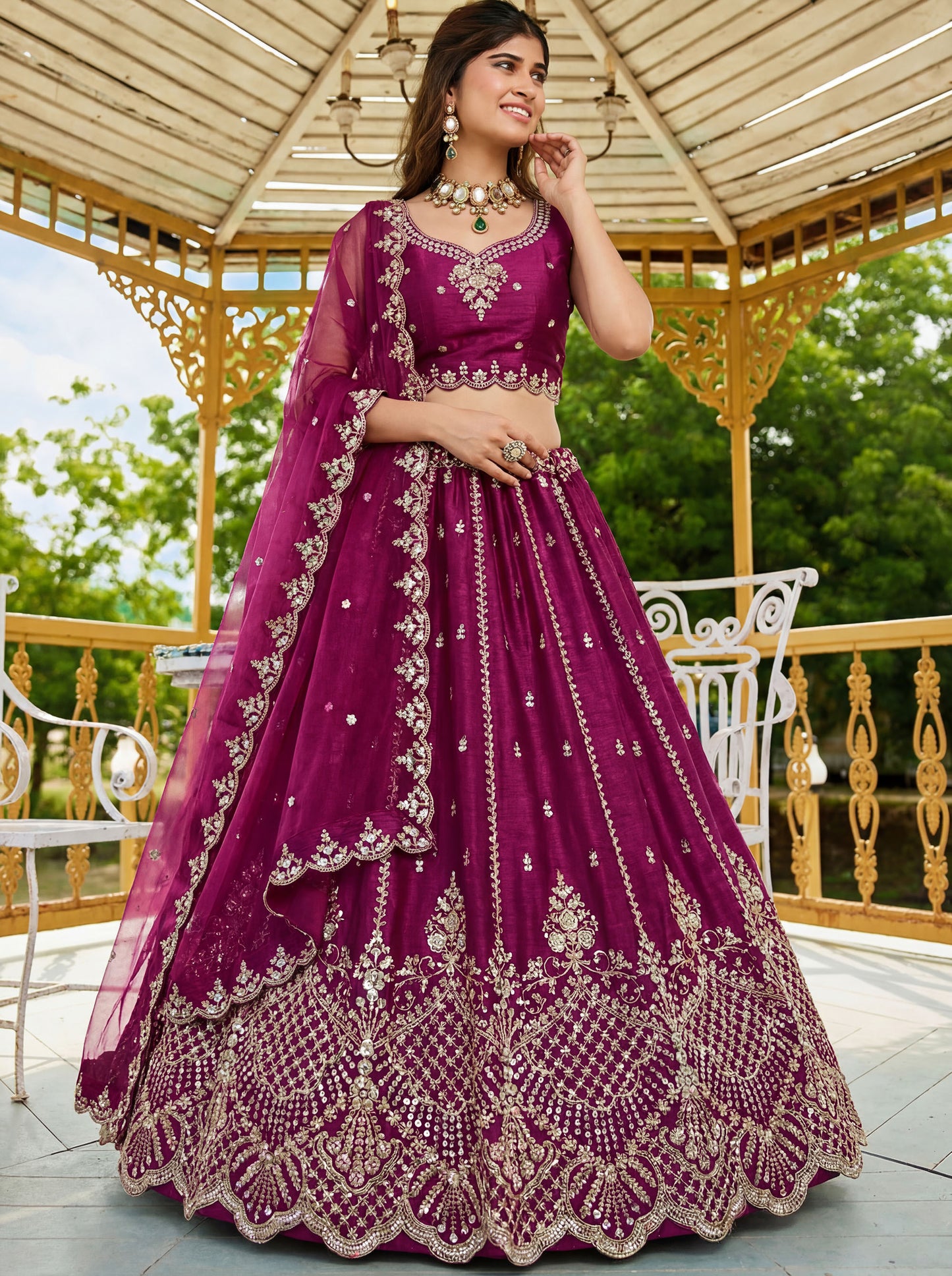 Magenta Pink Satin Silk With Cut Work & Beads Work Bridesmaid Lehenga Choli