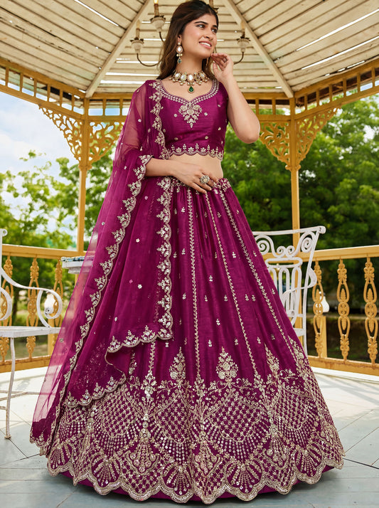 Magenta Pink Satin Silk With Cut Work & Beads Work Bridesmaid Lehenga Choli