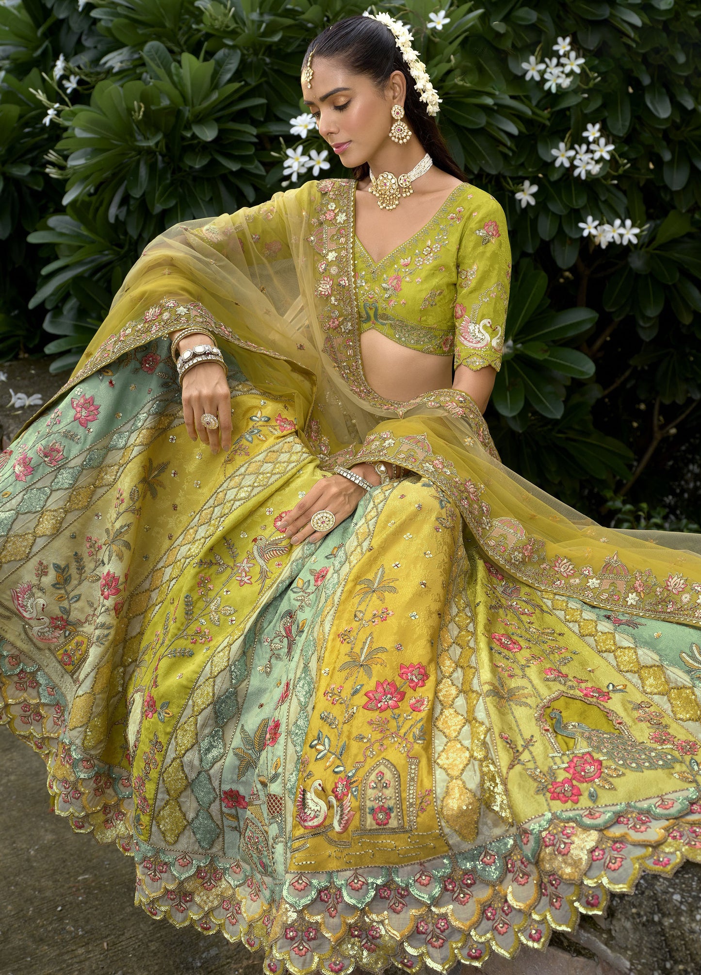Yellow & Green Silk Heavy Cut Work and Sequins Embroidery Bridal Lehenga
