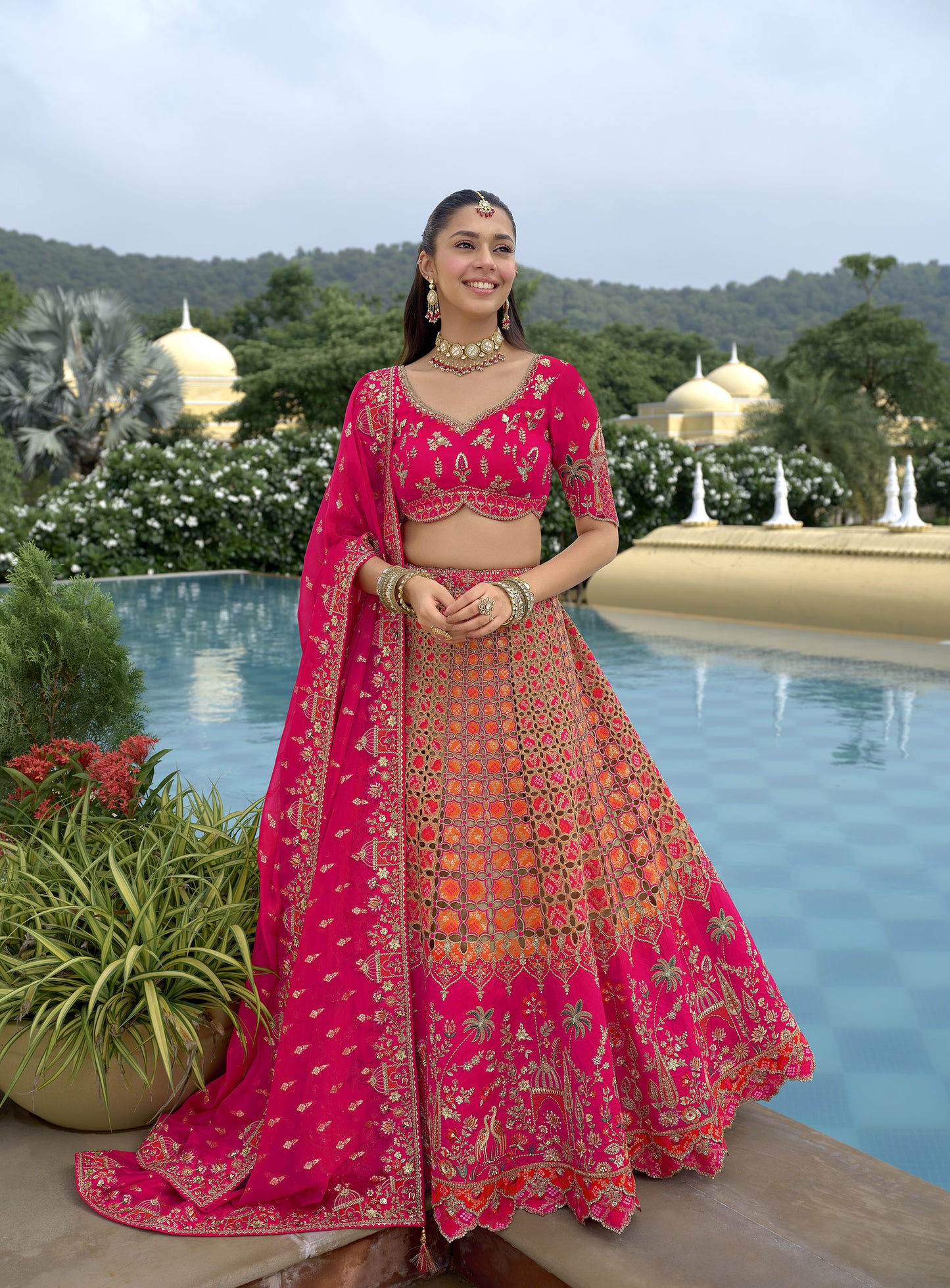 Rani Pink Silk Heavy Cut Work and Sequins Embroidery Bridal Lehenga