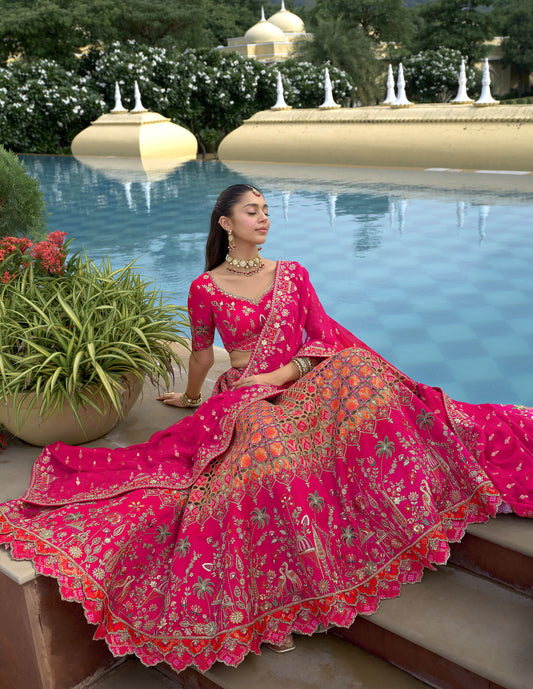 Rani Pink Silk Heavy Cut Work and Sequins Embroidery Bridal Lehenga
