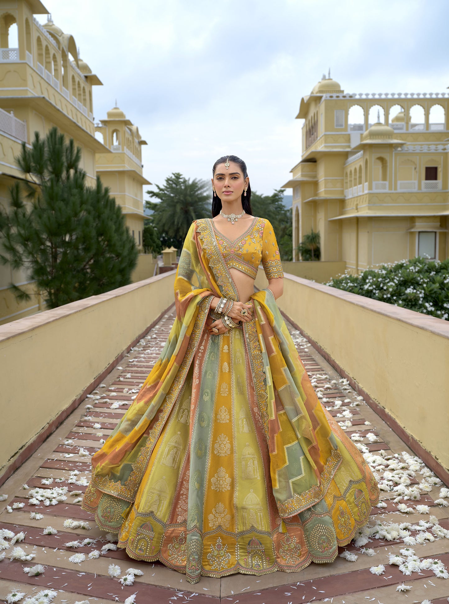 Mustard Yellow Silk Cut Work Bridal Lehenga Choli With Dual-Tone Dupatta