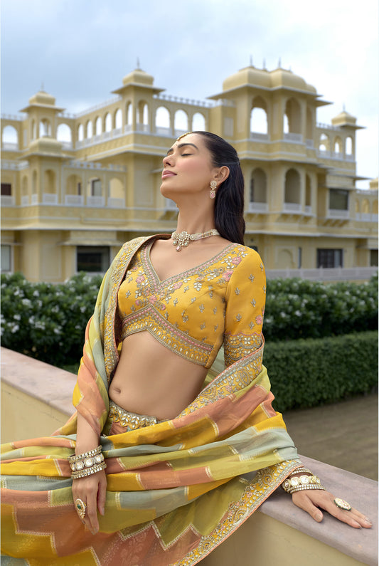 Mustard Yellow Silk Cut Work Bridal Lehenga Choli With Dual-Tone Dupatta