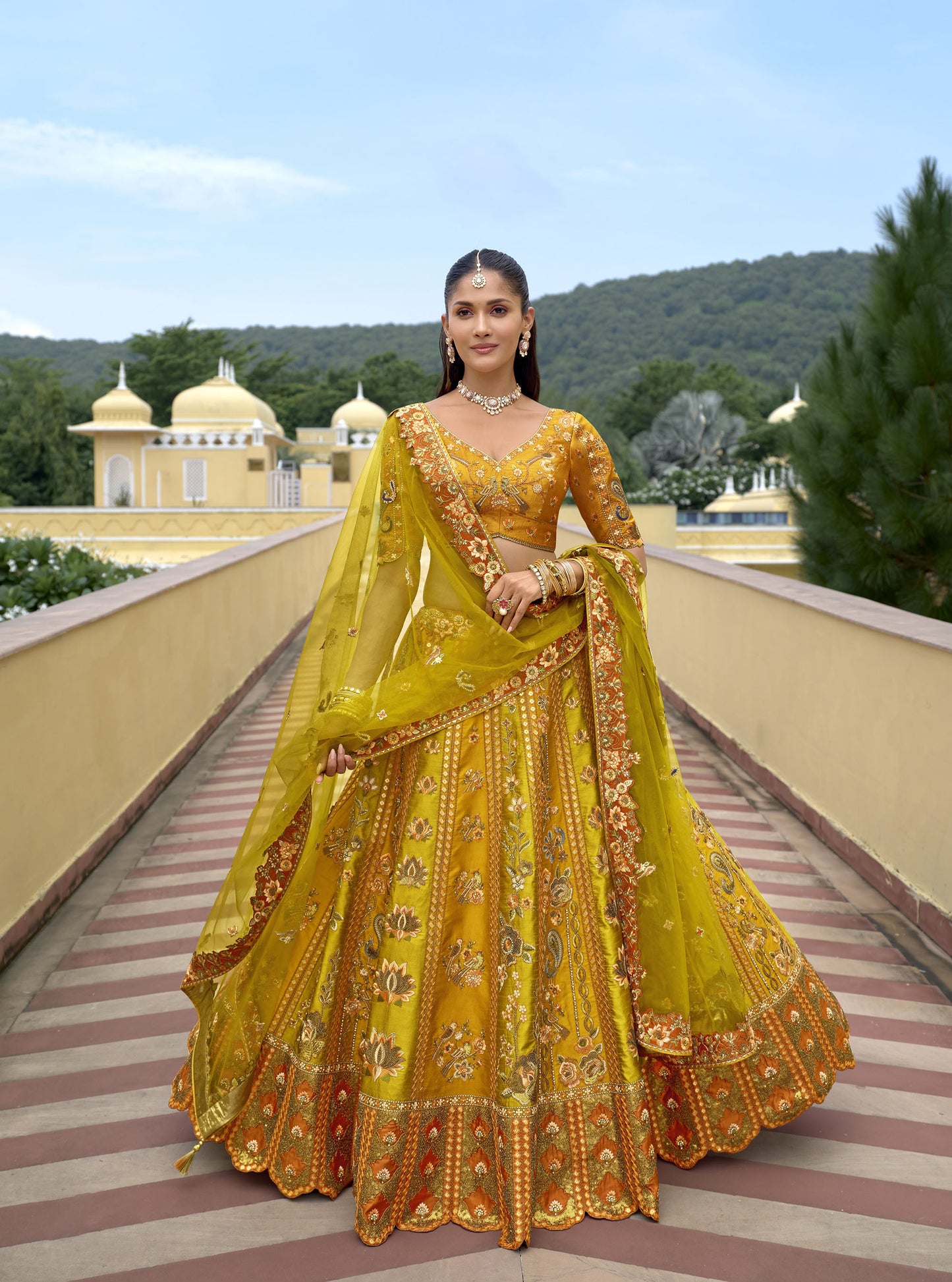 Dark Yellow Silk Cut Work Bridal Lehenga Choli With Dual-Tone Dupatta