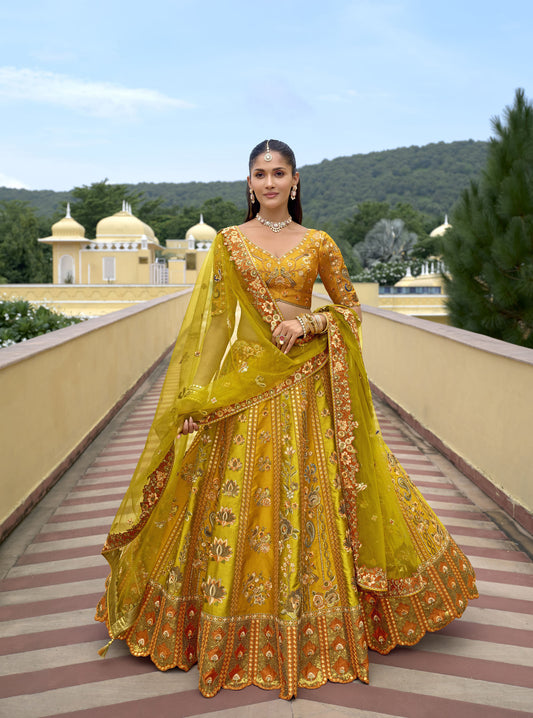 Dark Yellow Silk Cut Work Bridal Lehenga Choli With Dual-Tone Dupatta