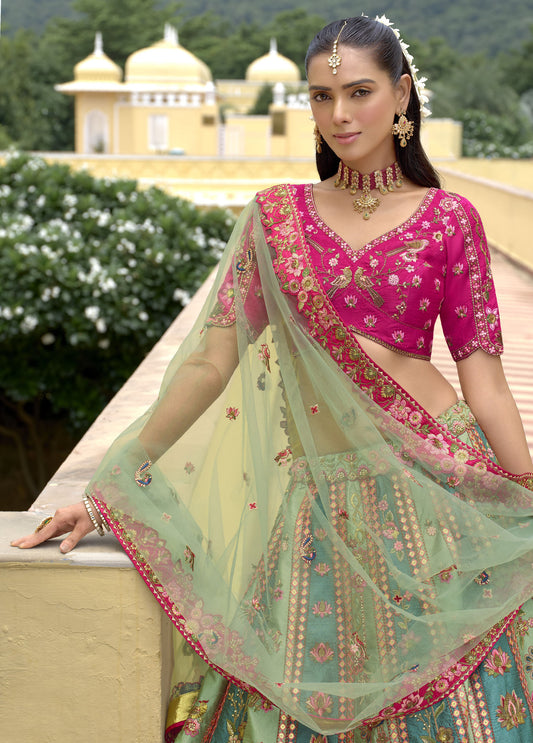 Sea Green & Blue Silk Cut Work Bridal Lehenga Choli With Dual-Tone Dupatta
