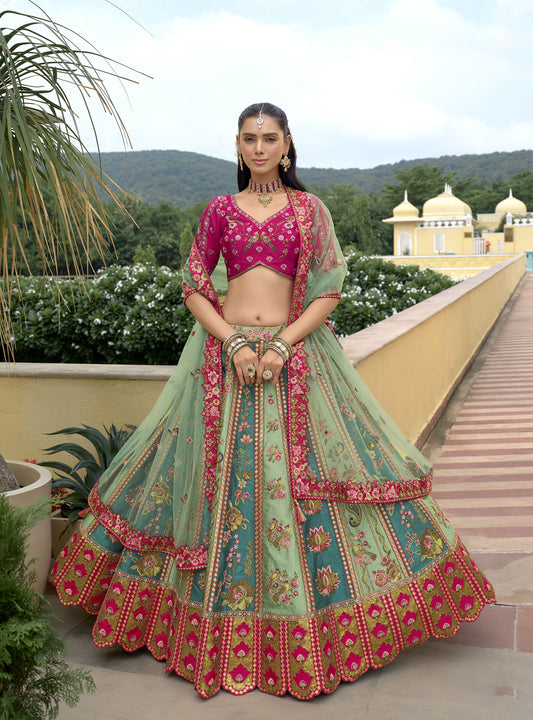 Sea Green & Blue Silk Cut Work Bridal Lehenga Choli With Dual-Tone Dupatta