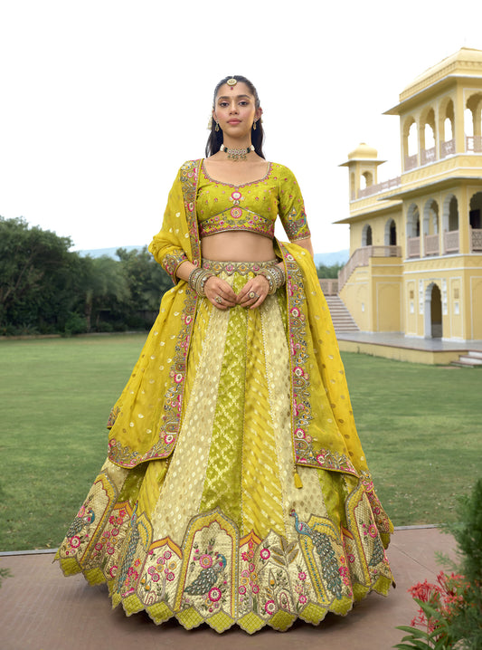 Mustard Green Silk Cut Work Bridal Lehenga Choli for Mehendi