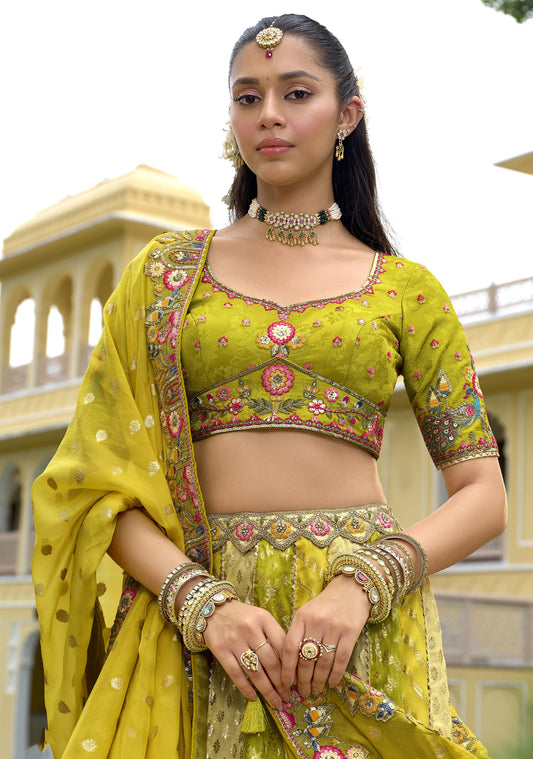 Mustard Green Silk Cut Work Bridal Lehenga Choli for Mehendi