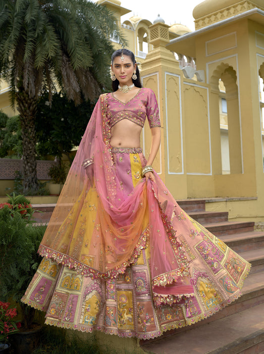 Rose Pink & Yellow Silk Cut Work Bridal Lehenga Choli for Sangeet
