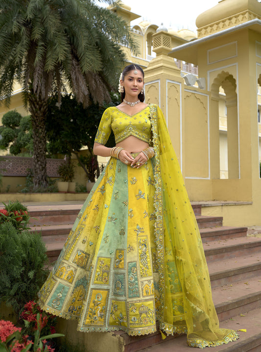 Blue & Mustard Yellow Silk Cut Work Bridal Lehenga Choli for Haldi