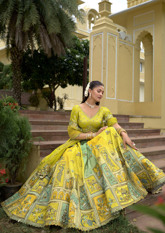 Blue & Mustard Yellow Silk Cut Work Bridal Lehenga Choli for Haldi