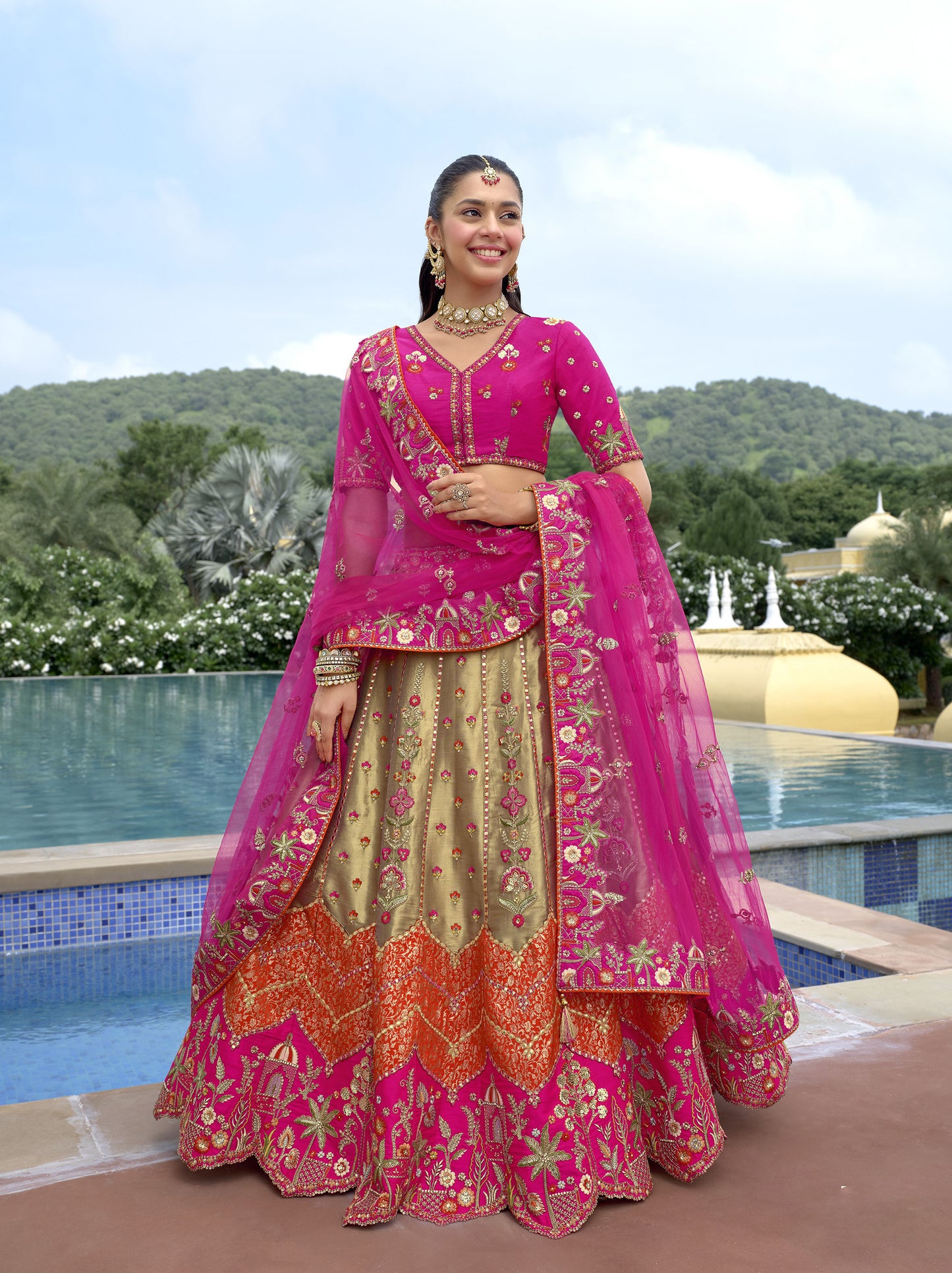 Rani Pink & Cream Silk Cut Work & Mirror Work Bridal Lehenga Choli