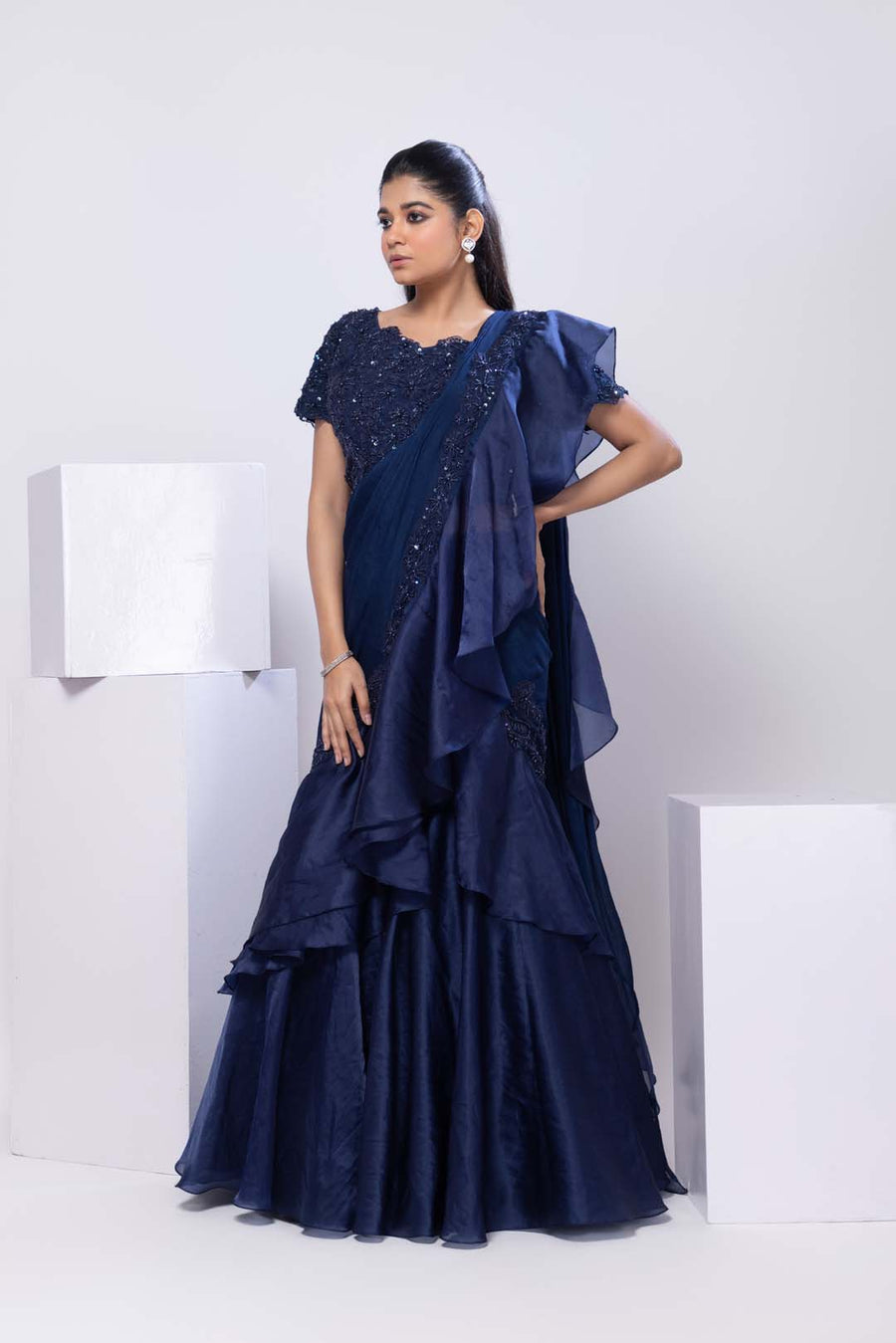 Nova Blue Drape Saree Set
