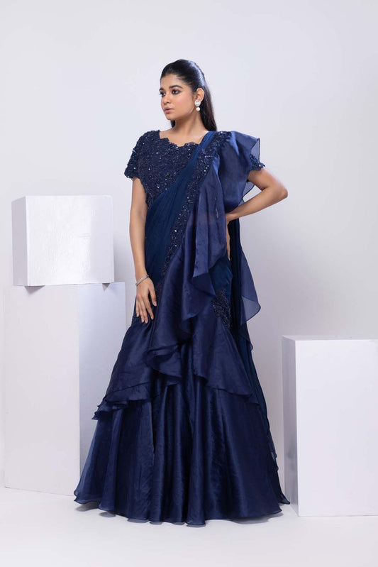 Nova Blue Drape Saree Set