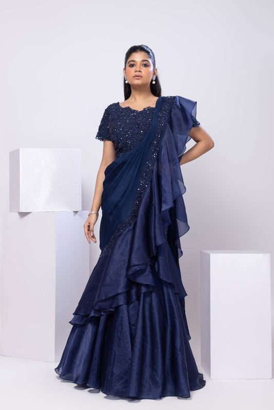 Nova Blue Drape Saree Set