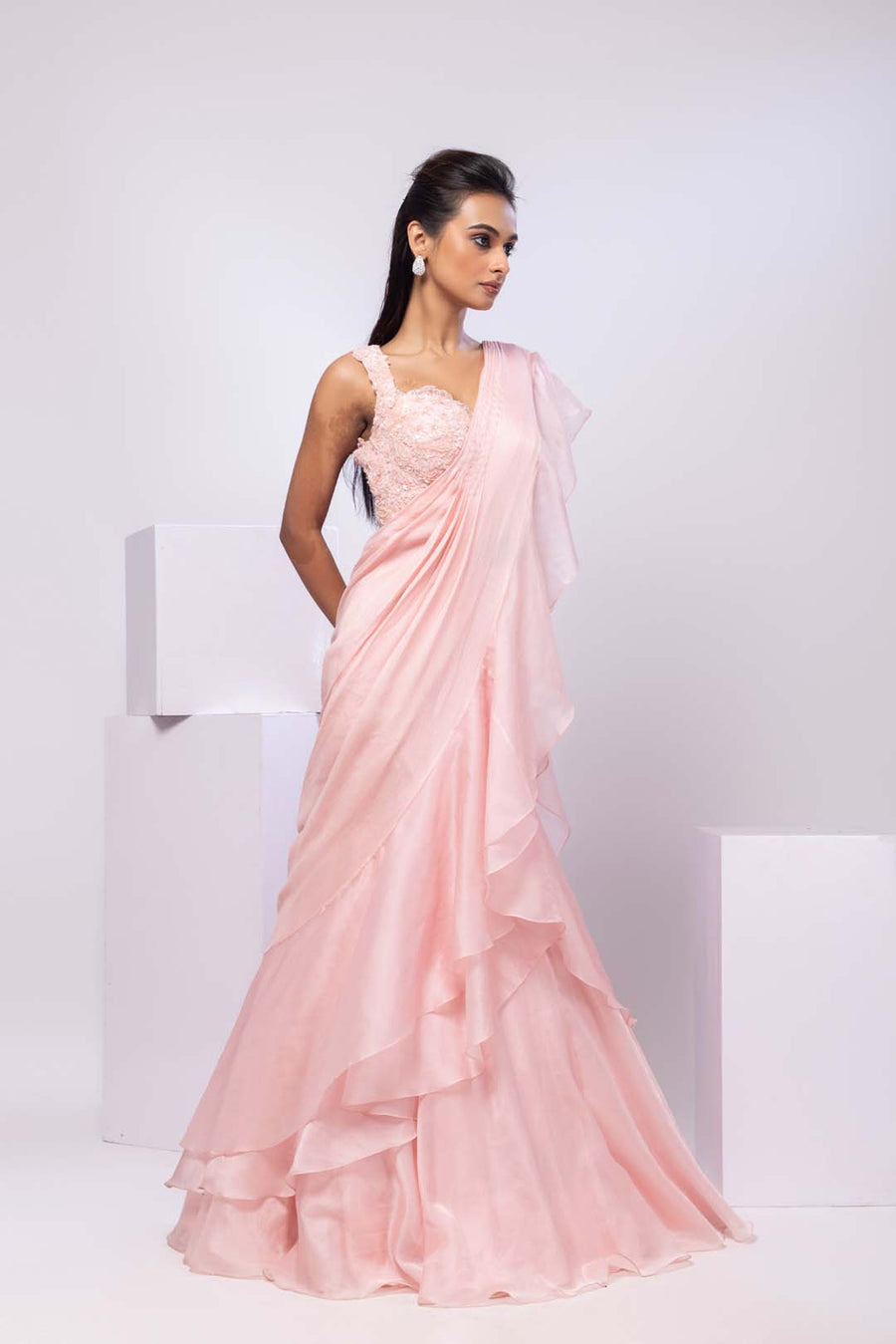 Nova pink drape saree set