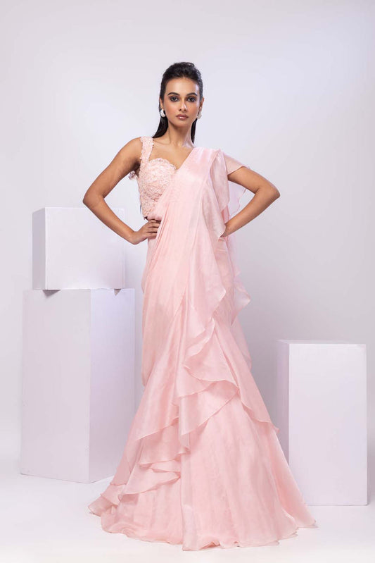 Nova pink drape saree set